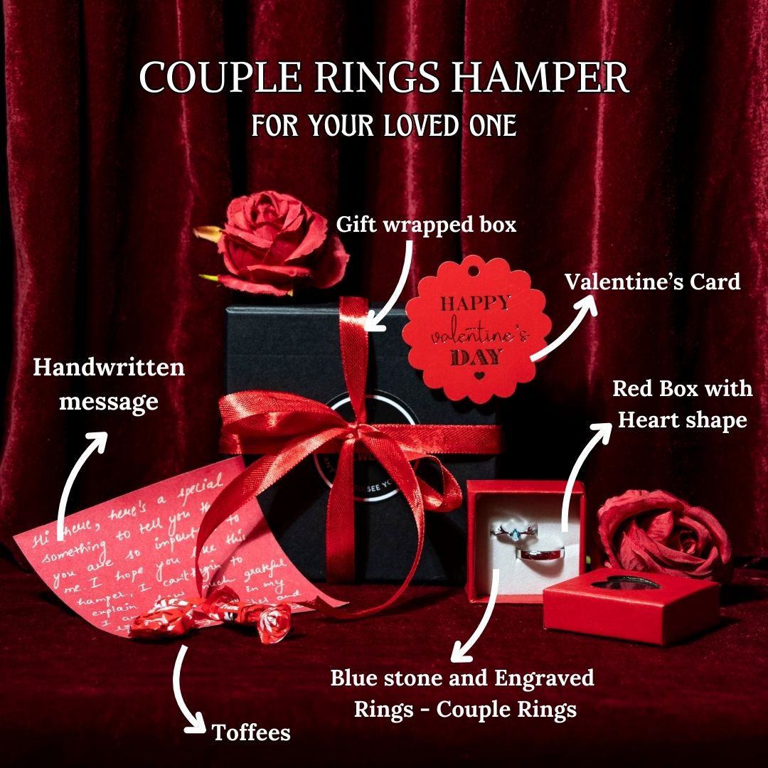 Blue Stone and Engraved Rings - Couple Rings Hampers