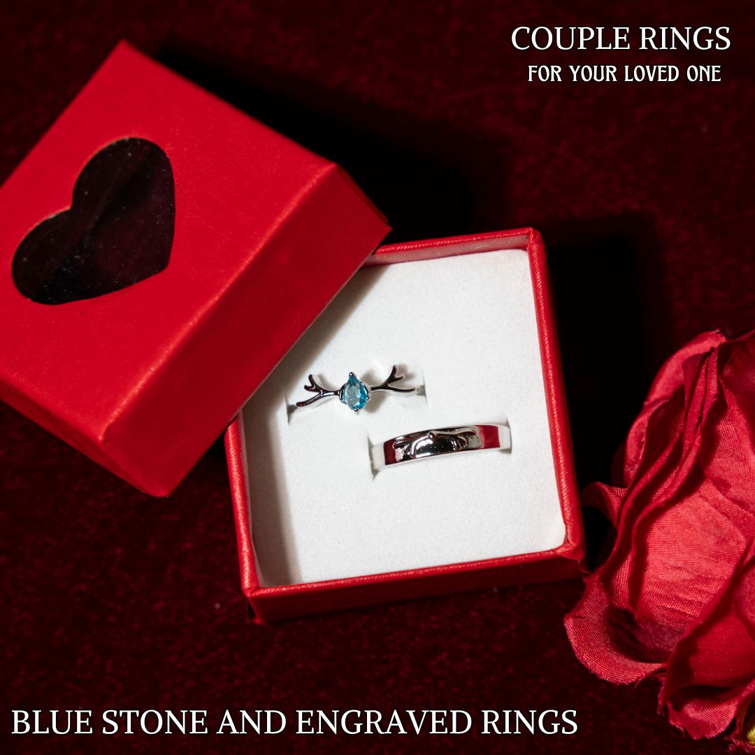 Blue Stone and Engraved Rings - Couple Rings Hampers