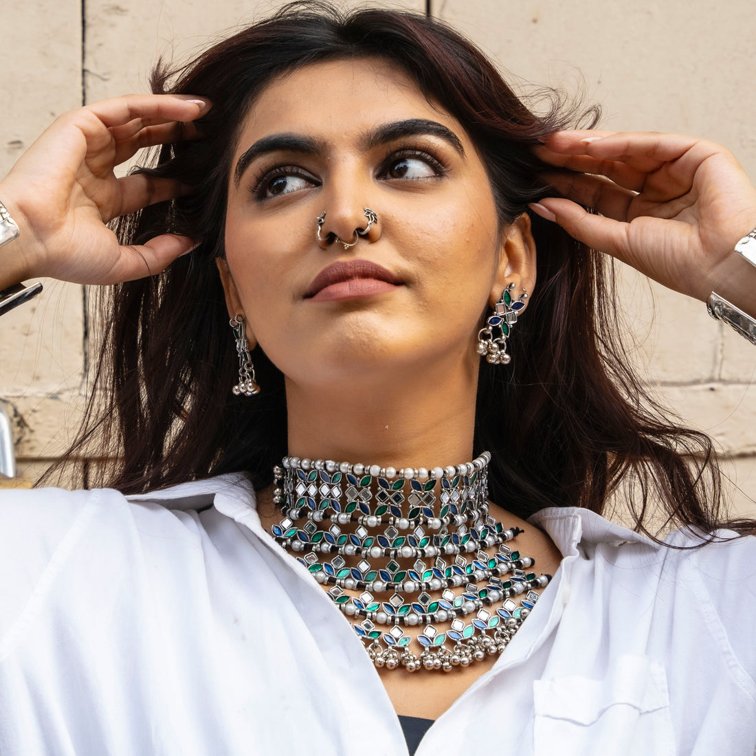 Rangeela Choker Set - Blue and Green with 1 FREE Necklace