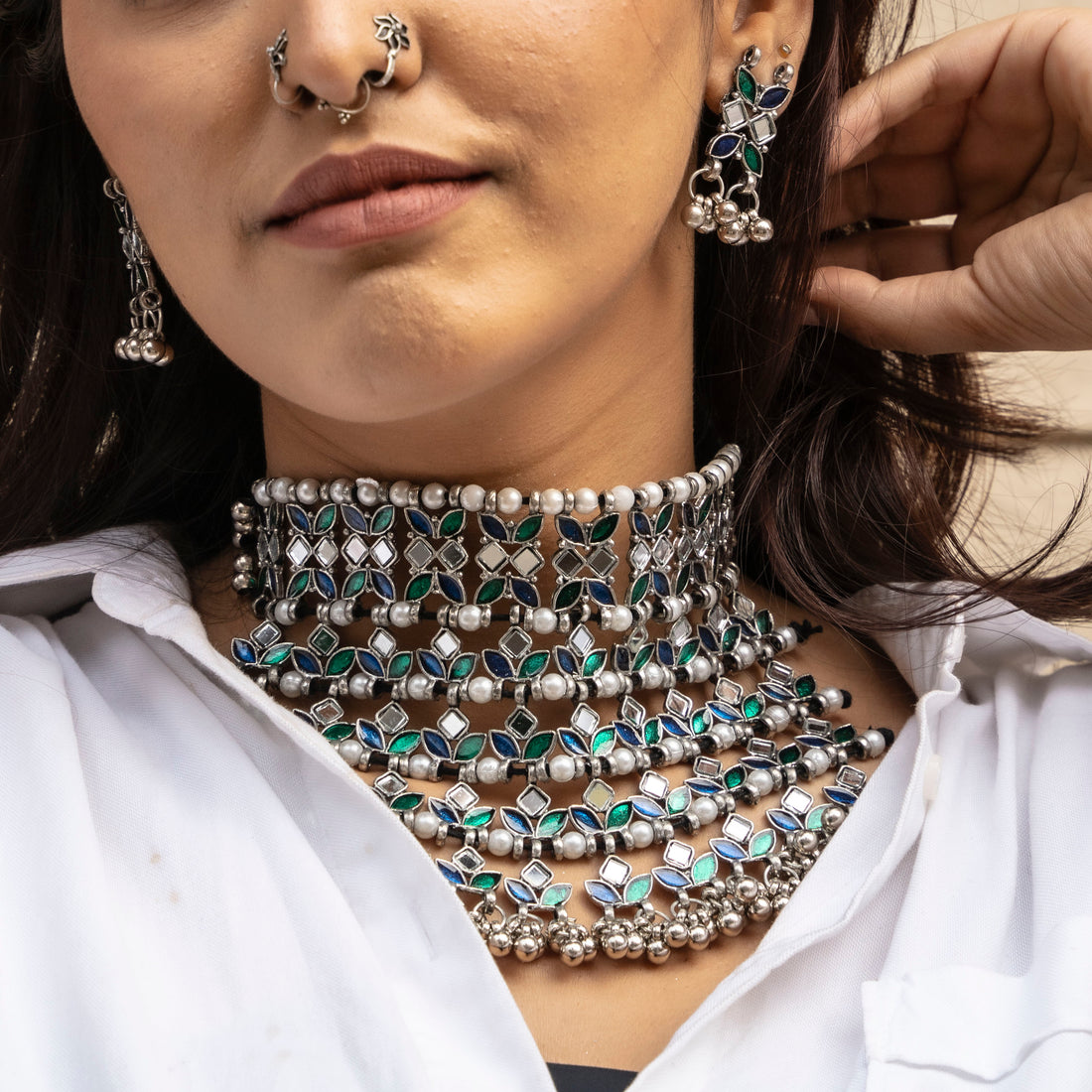 Rangeela Choker Set - Blue and Green with 1 FREE Necklace