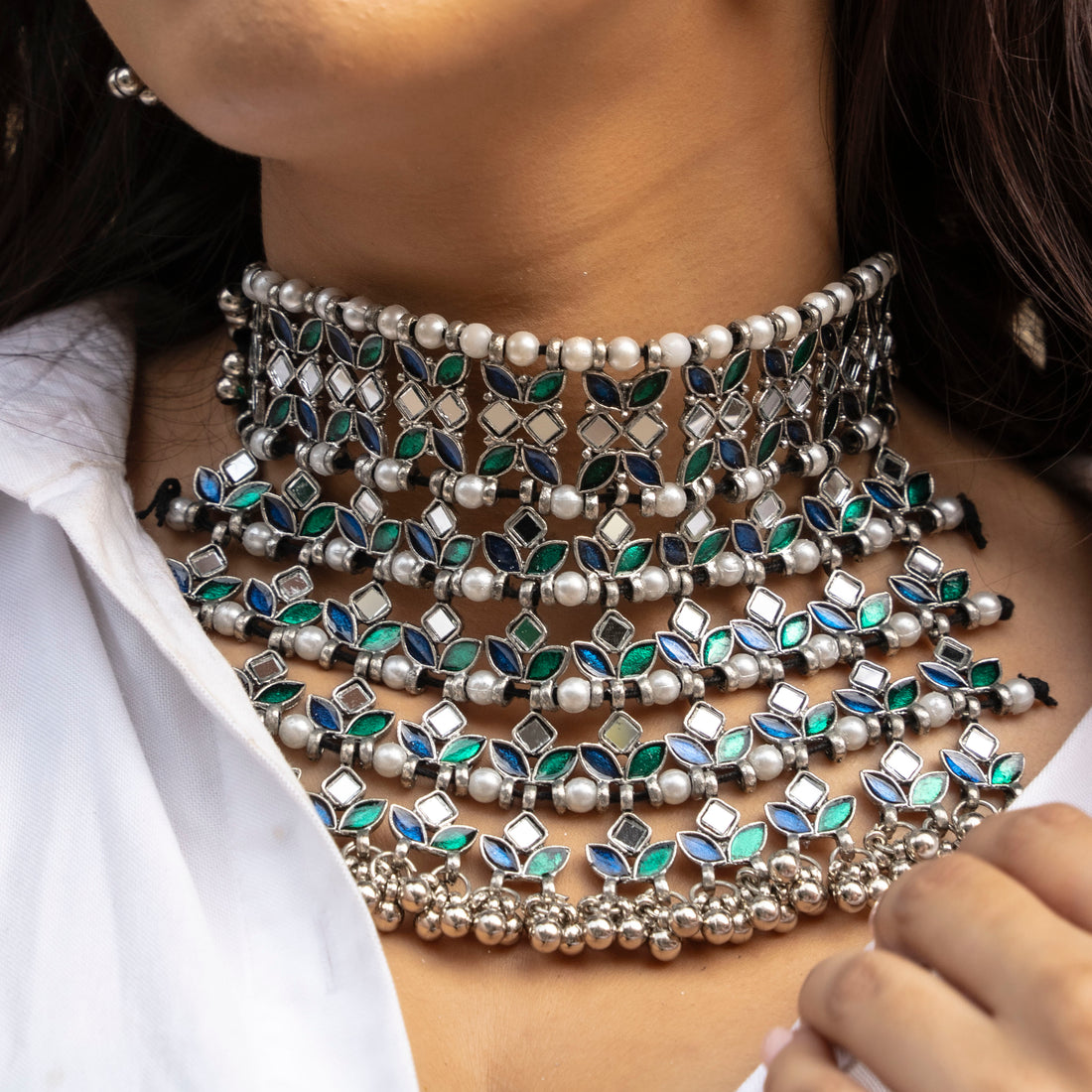 Rangeela Choker Set - Blue and Green with 1 FREE Necklace